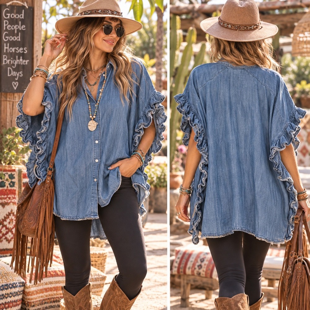 Zara Denim Poncho Top Womens Medium Blue Ruffle Trim Oversized Button Down